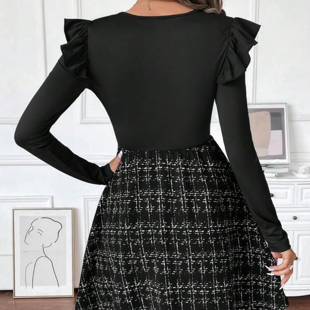 Women's Dress Patchwork Tweed Tight A Hem Waisted Long Sleeve - NWT - Picture 3 of 5